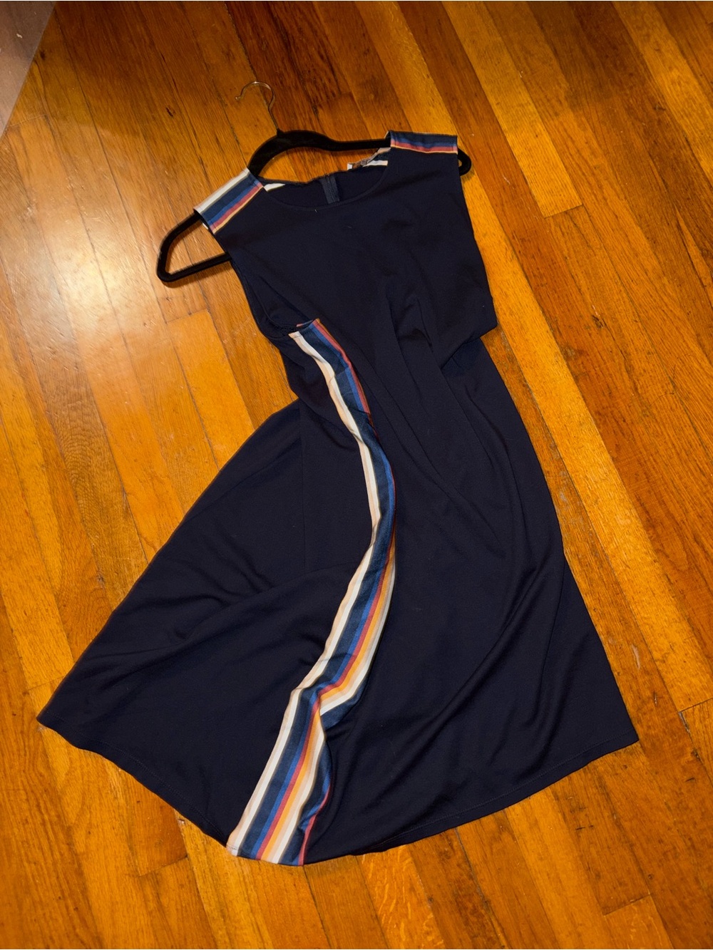 Navy Sleeveless A-Line Dress with Multicolor Side Stripe